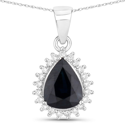 Sapphire-2.09 Carat Genuine Blue Sapphire and White Diamond 14K White Gold Pendant