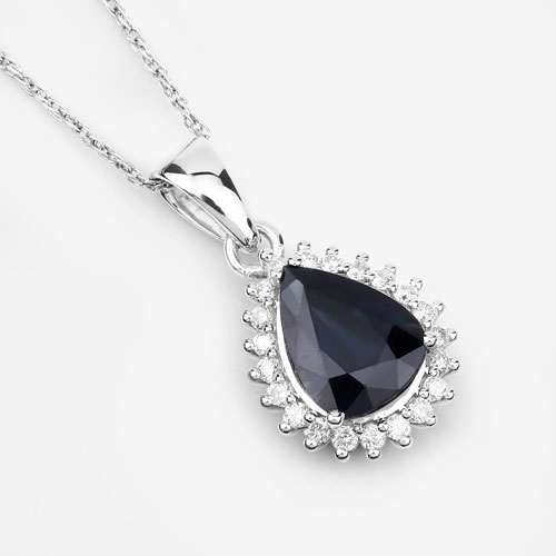 2.09 Carat Genuine Blue Sapphire and White Diamond 14K White Gold Pendant