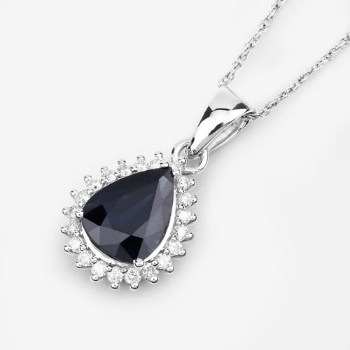 2.09 Carat Genuine Blue Sapphire and White Diamond 14K White Gold Pendant