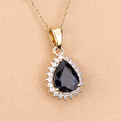 2.09 Carat Genuine Blue Sapphire and White Diamond 14K Yellow Gold Pendant