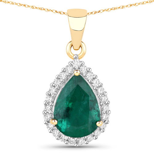 Emerald-2.38 Carat Genuine Zambian Emerald and White Diamond 14K Yellow Gold Pendant