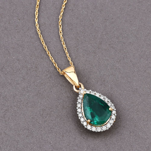 2.38 Carat Genuine Zambian Emerald and White Diamond 14K Yellow Gold Pendant