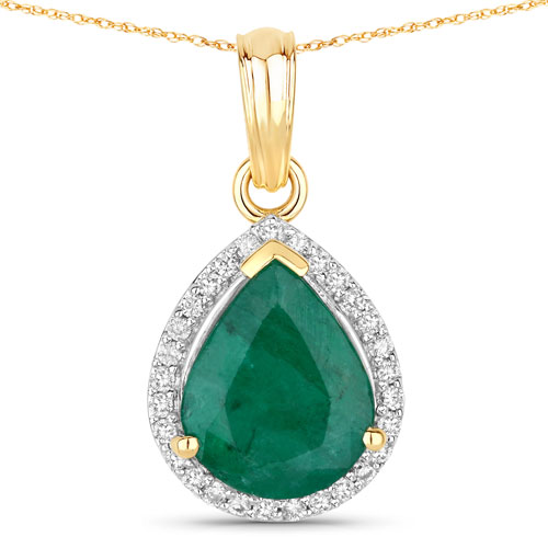 Emerald-2.85 Carat Genuine Zambian Emerald and White Diamond 14K Yellow Gold Pendant