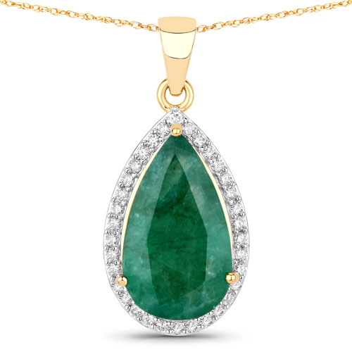 Emerald-5.96 Carat Genuine Zambian Emerald and White Diamond 14K Yellow Gold Pendant