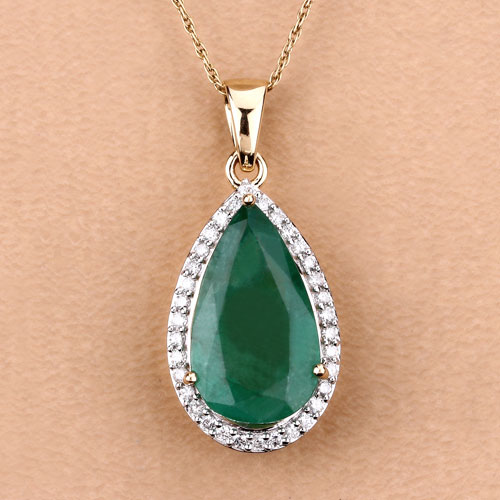 5.96 Carat Genuine Zambian Emerald and White Diamond 14K Yellow Gold Pendant