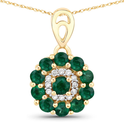 Emerald-0.44 Carat Genuine Zambian Emerald And White Diamond 10K Yellow Gold Pendant