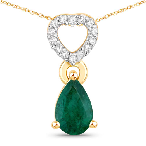 Emerald-0.39 Carat Genuine Zambian Emerald And White Diamond 10K Yellow Gold Pendant