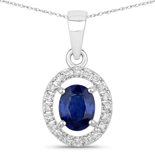 Sapphire-0.92 Carat Genuine Blue Sapphire and White Diamond 14K White Gold Pendant