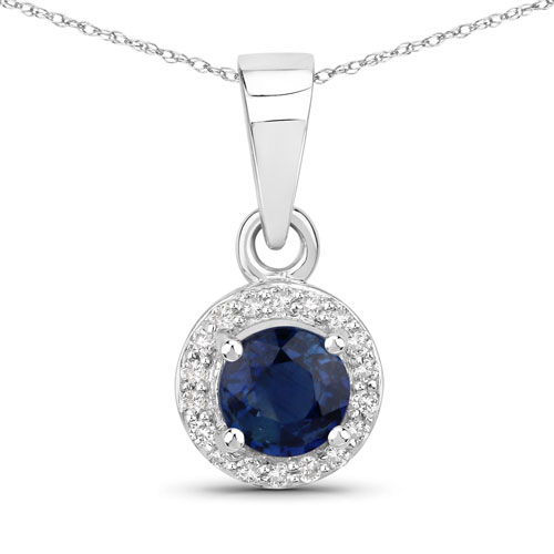 Sapphire-0.52 Carat Genuine Blue Sapphire and White Diamond 14K White Gold Pendant