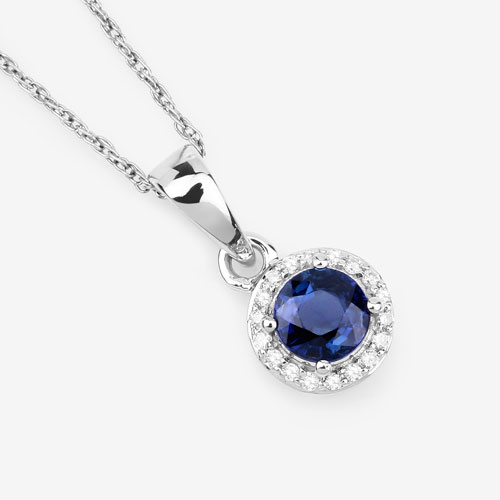 0.52 Carat Genuine Blue Sapphire and White Diamond 14K White Gold Pendant