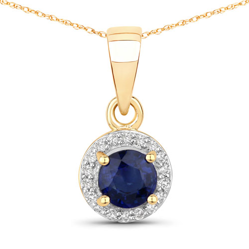 Sapphire-0.52 Carat Genuine Blue Sapphire and White Diamond 14K Yellow Gold Pendant