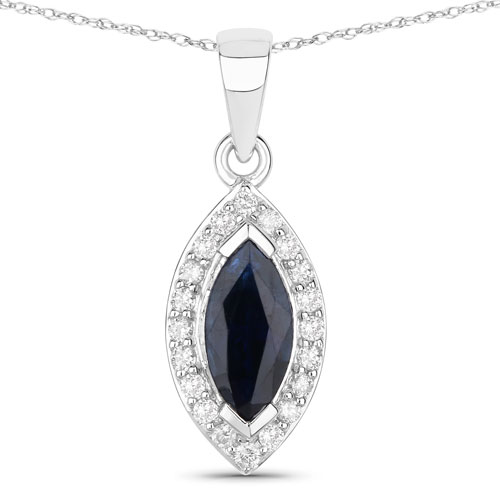 Sapphire-0.87 Carat Genuine Blue Sapphire and White Diamond 14K White Gold Pendant