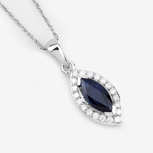 0.87 Carat Genuine Blue Sapphire and White Diamond 14K White Gold Pendant