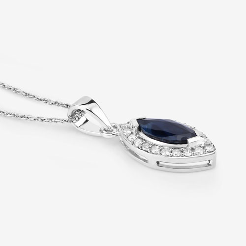0.87 Carat Genuine Blue Sapphire and White Diamond 14K White Gold Pendant