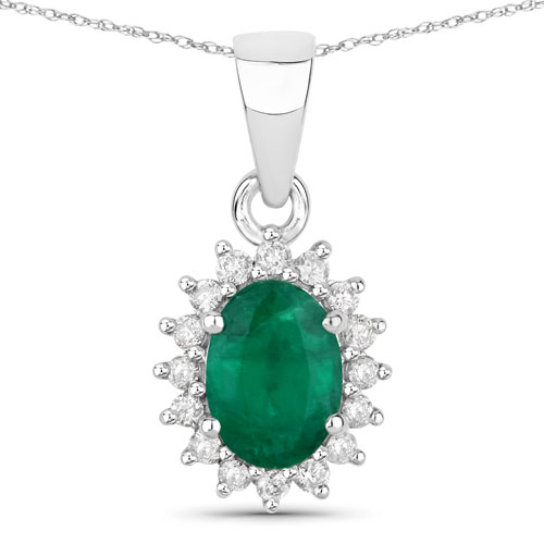 Emerald-0.86 Carat Genuine Zambian Emerald and White Diamond 14K White Gold Pendant