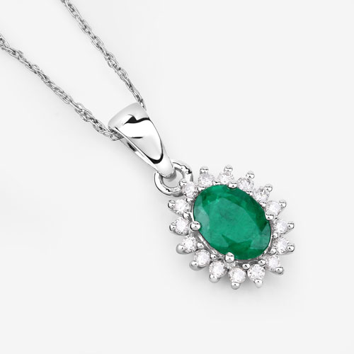 0.86 Carat Genuine Zambian Emerald and White Diamond 14K White Gold Pendant