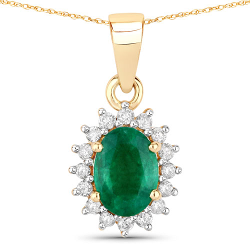 Emerald-0.86 Carat Genuine Zambian Emerald and White Diamond 14K Yellow Gold Pendant