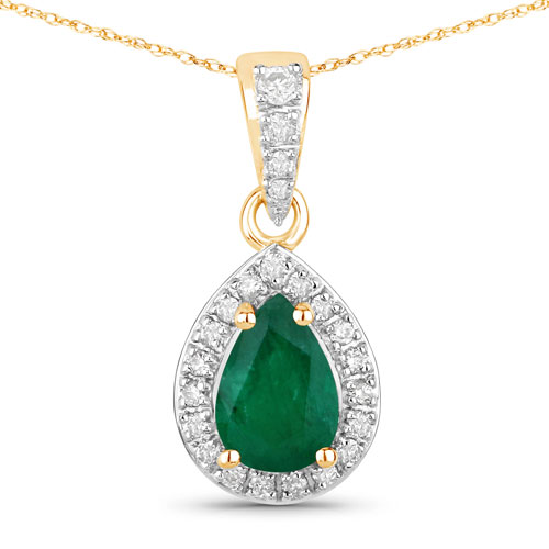 Emerald-0.77 Carat Genuine Zambian Emerald and White Diamond 14K Yellow Gold Pendant
