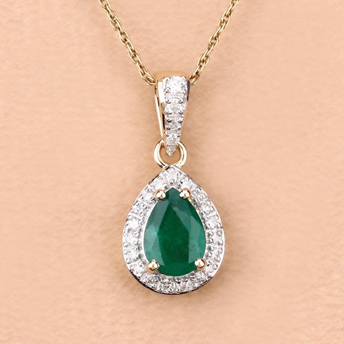 0.77 Carat Genuine Zambian Emerald and White Diamond 14K Yellow Gold Pendant