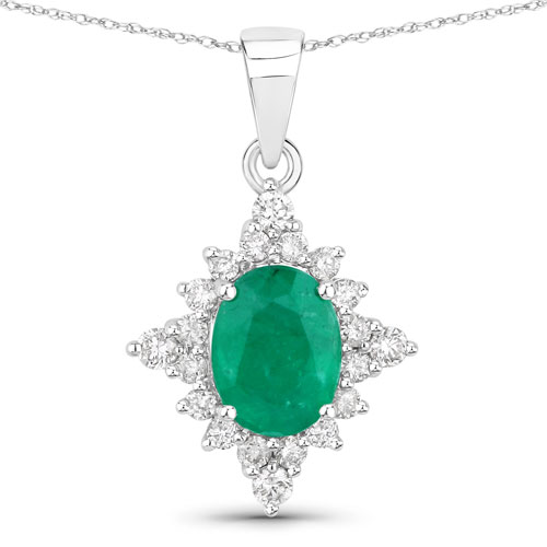 Emerald-1.54 Carat Genuine Zambian Emerald and White Diamond 14K White Gold Pendant
