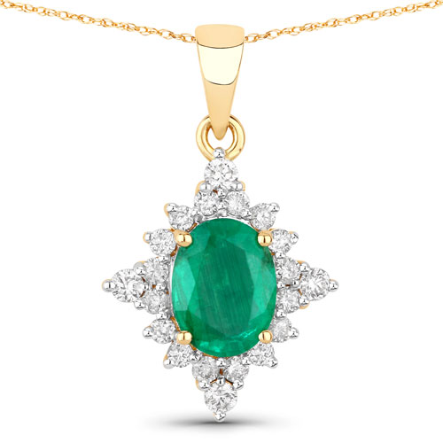 Emerald-1.54 Carat Genuine Zambian Emerald and White Diamond 14K Yellow Gold Pendant