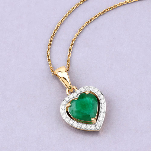 1.38 Carat Genuine Zambian Emerald and White Diamond 14K Yellow Gold Pendant