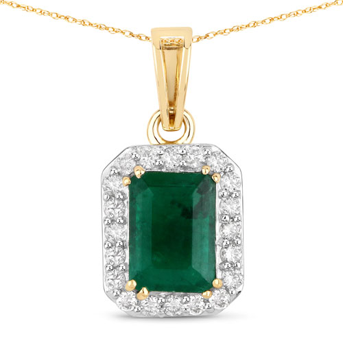 Emerald-1.26 Carat Genuine Zambian Emerald and White Diamond 14K Yellow Gold Pendant