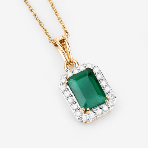 1.26 Carat Genuine Zambian Emerald and White Diamond 14K Yellow Gold Pendant