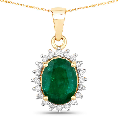 Emerald-1.96 Carat Genuine Zambian Emerald and White Diamond 14K Yellow Gold Pendant