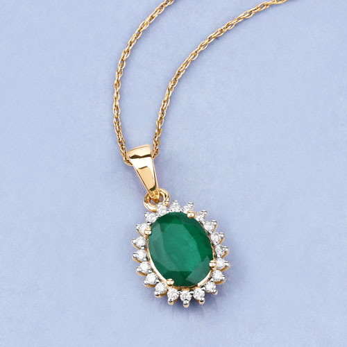 1.96 Carat Genuine Zambian Emerald and White Diamond 14K Yellow Gold Pendant
