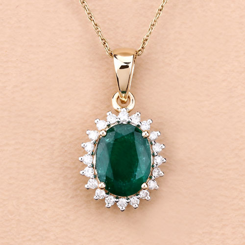 1.96 Carat Genuine Zambian Emerald and White Diamond 14K Yellow Gold Pendant