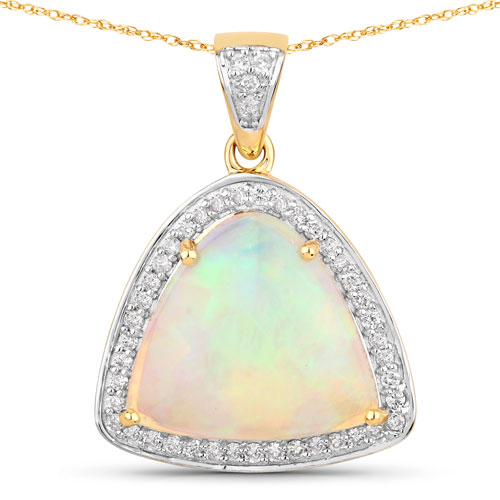 Opal-2.60 Carat Genuine Ethiopian Opal and White Diamond 14K Yellow Gold Pendant