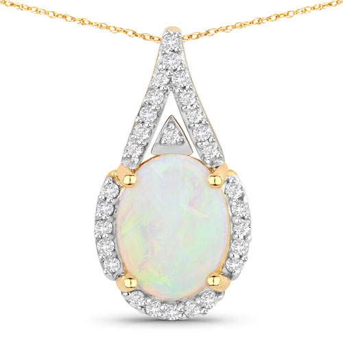Opal-0.70 Carat Genuine White Opal and White Diamond 14K Yellow Gold Pendant