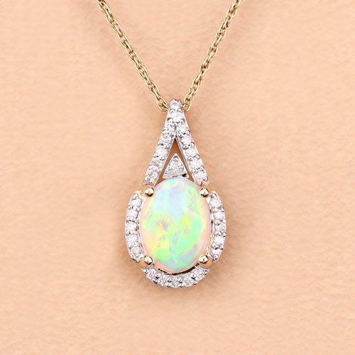 0.70 Carat Genuine White Opal and White Diamond 14K Yellow Gold Pendant