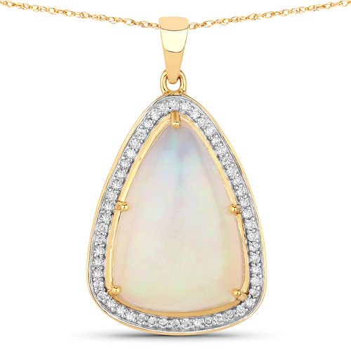 Opal-5.52 Carat Genuine Ethiopian Opal and White Diamond 14K Yellow Gold Pendant