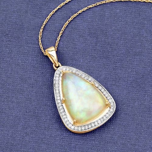 5.52 Carat Genuine Ethiopian Opal and White Diamond 14K Yellow Gold Pendant
