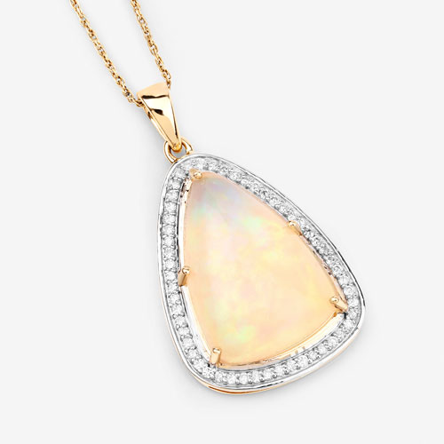 5.52 Carat Genuine Ethiopian Opal and White Diamond 14K Yellow Gold Pendant