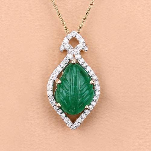 3.68 Carat Genuine Colombian Emerald and White Diamond 14K Yellow Gold Pendant