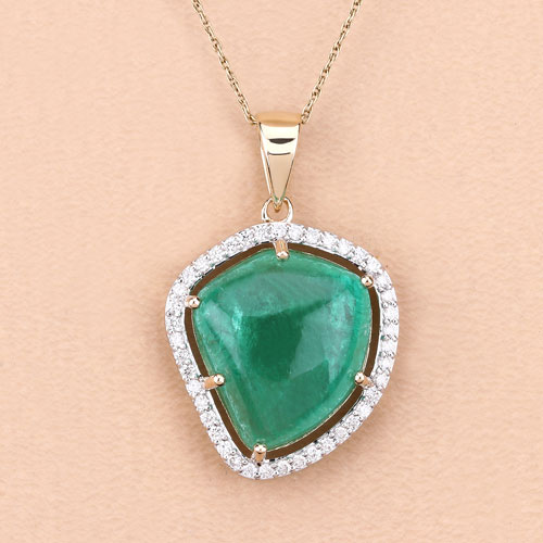 12.13 Carat Genuine Colombian Emerald and White Diamond 14K Yellow Gold Pendant