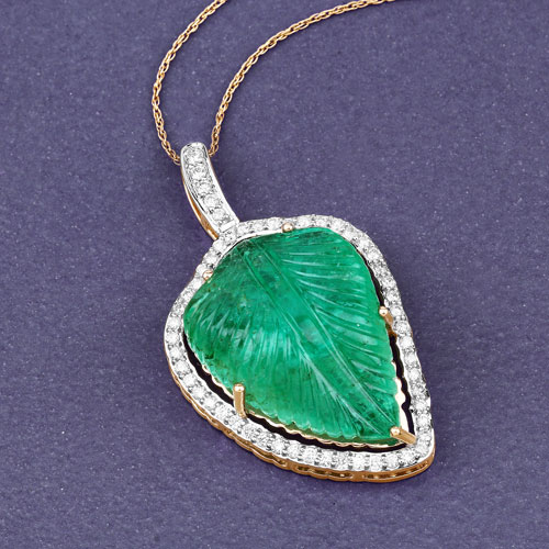 28.78 Carat Genuine Colombian Emerald and White Diamond 14K Yellow Gold Pendant