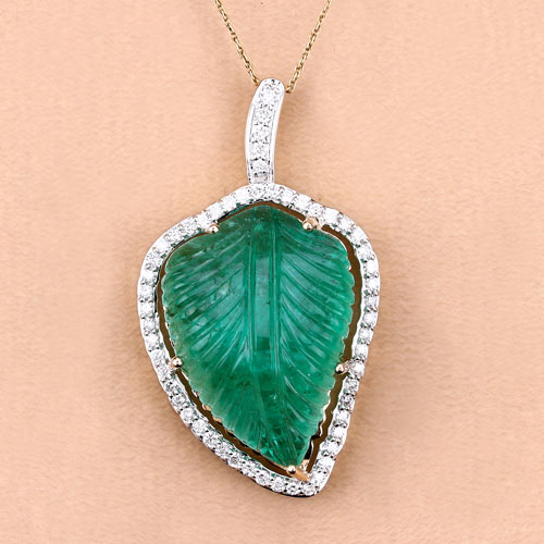 28.78 Carat Genuine Colombian Emerald and White Diamond 14K Yellow Gold Pendant