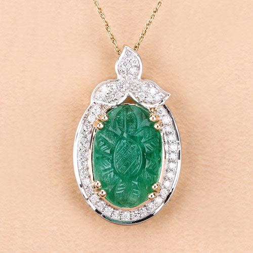 7.08 Carat Genuine Colombian Emerald and White Diamond 14K Yellow Gold Pendant