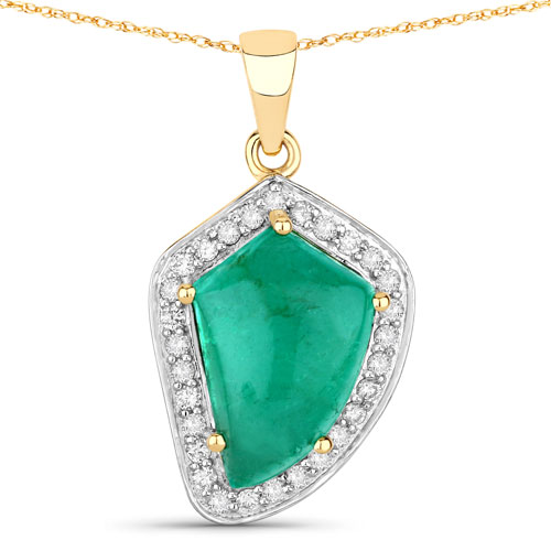 Emerald-5.52 Carat Genuine Zambian Emerald and White Diamond 14K Yellow Gold Pendant
