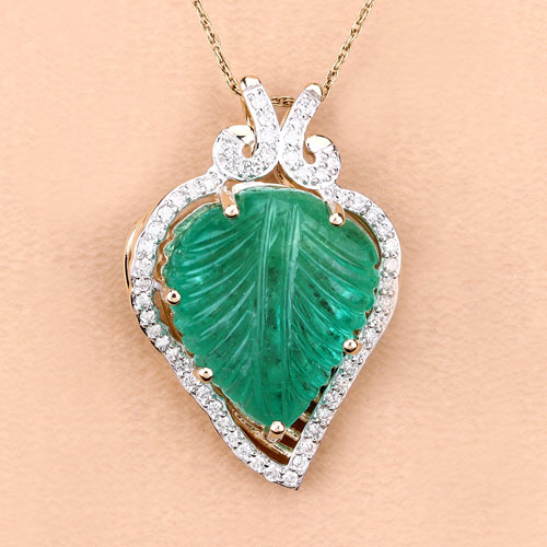 15.53 Carat Genuine Colombian Emerald and White Diamond 14K Yellow Gold Pendant