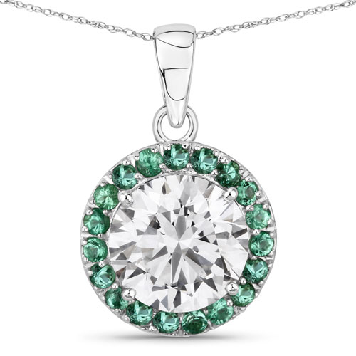 Emerald-2.38 Carat Genuine Zambian Emerald and Lab Grown Diamond 14K White Gold Pendant