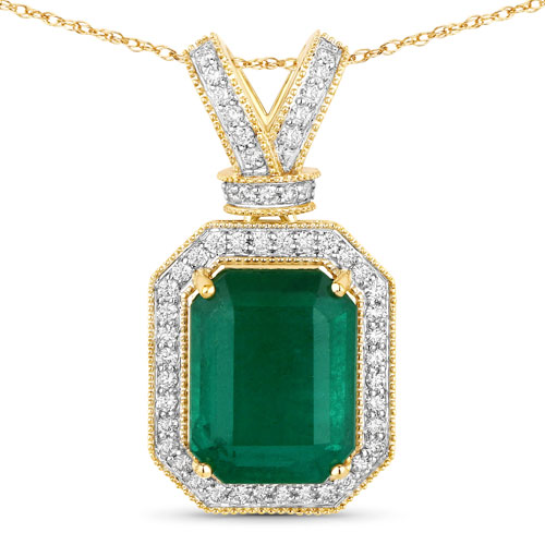 Emerald-IGI Certified 7.91 Carat Genuine Zambian Emerald and White Diamond 14K Yellow Gold Pendant