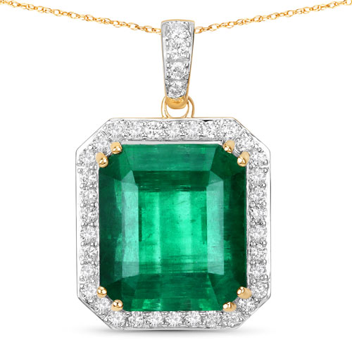 Emerald-IGI Certified 13.23 Carat Genuine Zambian Emerald and White Diamond 14K Yellow Gold Pendant