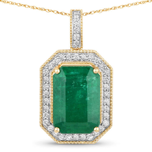Emerald-IGI Certified 8.74 Carat Genuine Zambian Emerald and White Diamond 14K Yellow Gold Pendant