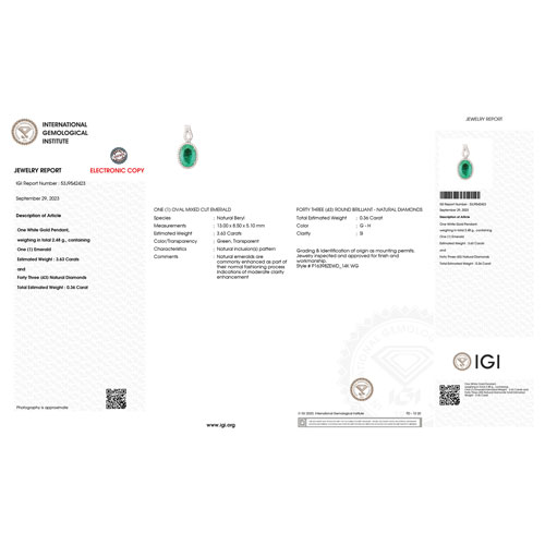 IGI Certified 3.99 Carat Genuine Zambian Emerald and White Diamond 14K White Gold Pendant