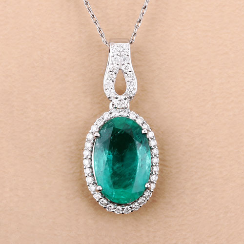 IGI Certified 3.99 Carat Genuine Zambian Emerald and White Diamond 14K White Gold Pendant